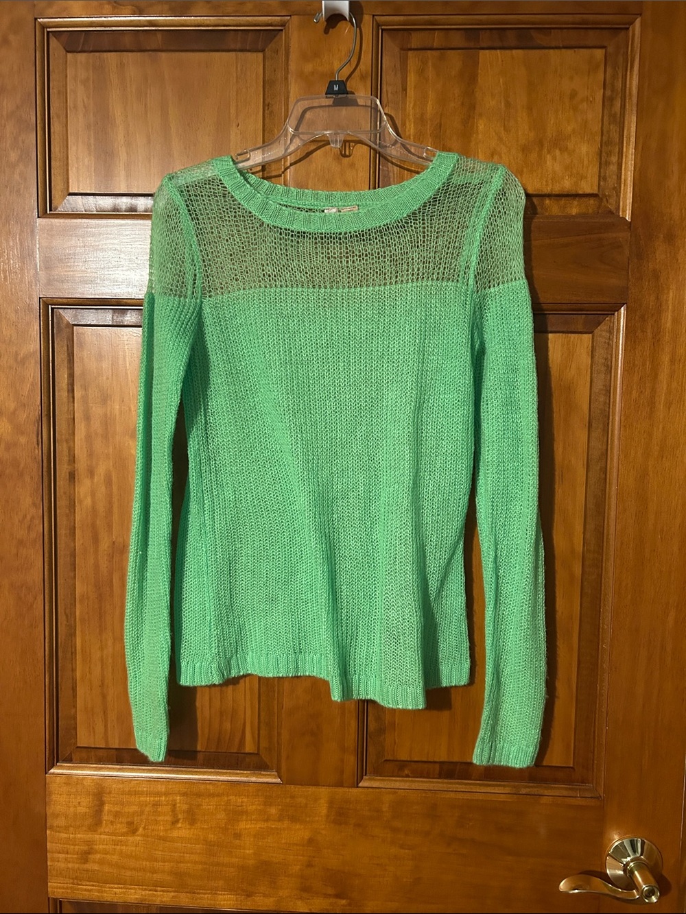 Women's Mint Green Crewneck Sheer-Yoke Sweater